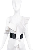 Proenza Schouler White Ruffle Off the Shoulder Dress with Black Mesh Waist Detailing