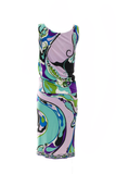 Emilio Pucci Multicolored Lavender Turquoise Blue Sleeveless High Neck Plunging Back Shift Dress