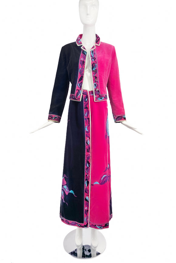 Emilio Pucci Vintage Velvet Black & Pink Maxi Skirt with Matching Jacket