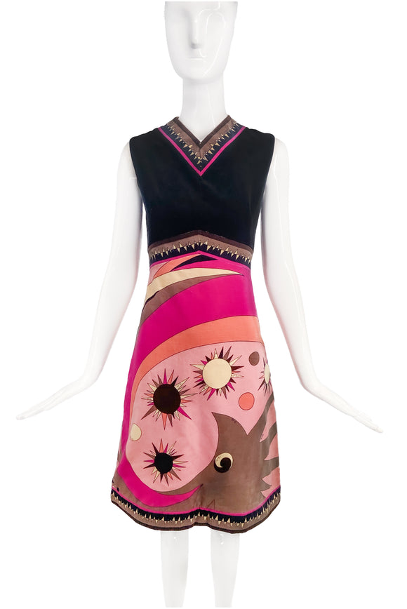 Emilio Pucci Pink Black Brown Vintage Velvet Swirling Sun Print Mini Dress