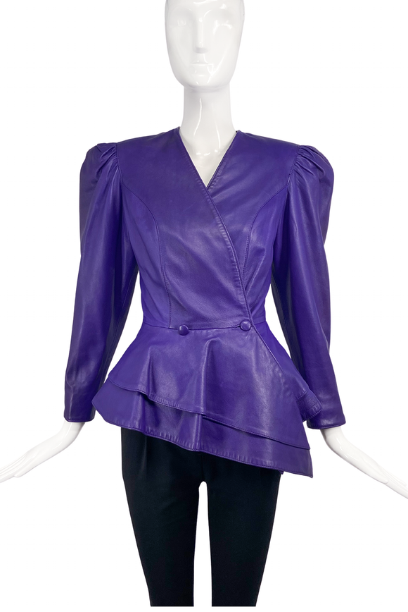 Vintage Purple Leather Fitted Asymmetrical Peplum Jacket