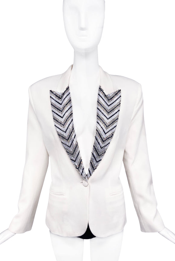 Redemption Paris White Ivory Crystal Embellished Lapel Blazer Jacket