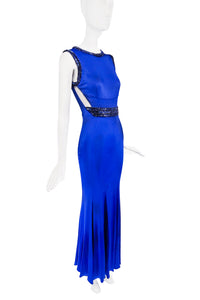 Roberto Cavalli Cobalt Blue Jersey Gown with Cut-Outs and Bead Detailing