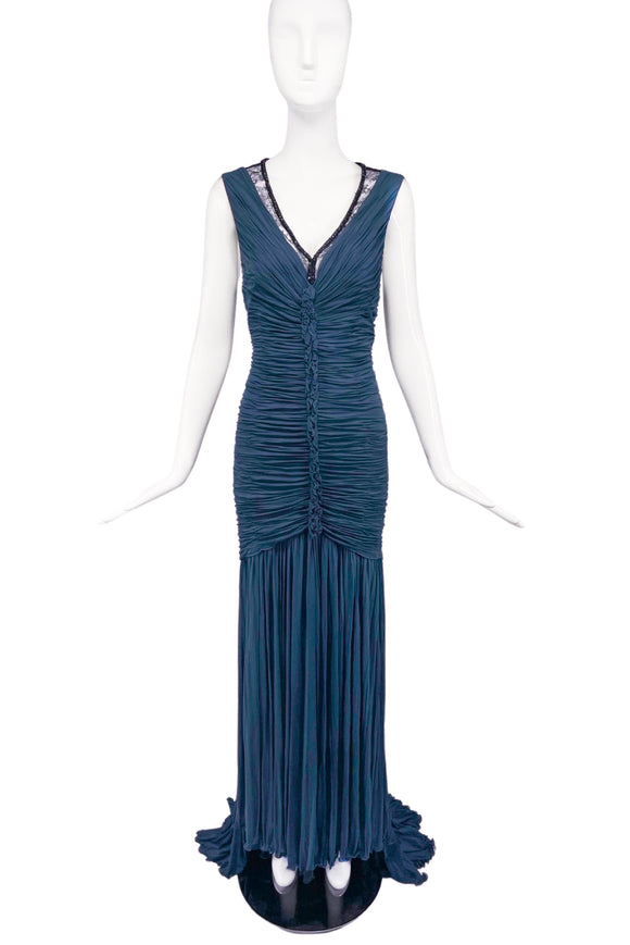 Roberto Cavalli Teal Blue Green Ruched Lace Beaded Gown Dress
