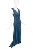 Roberto Cavalli Teal Blue Green Ruched Lace Beaded Gown Dress