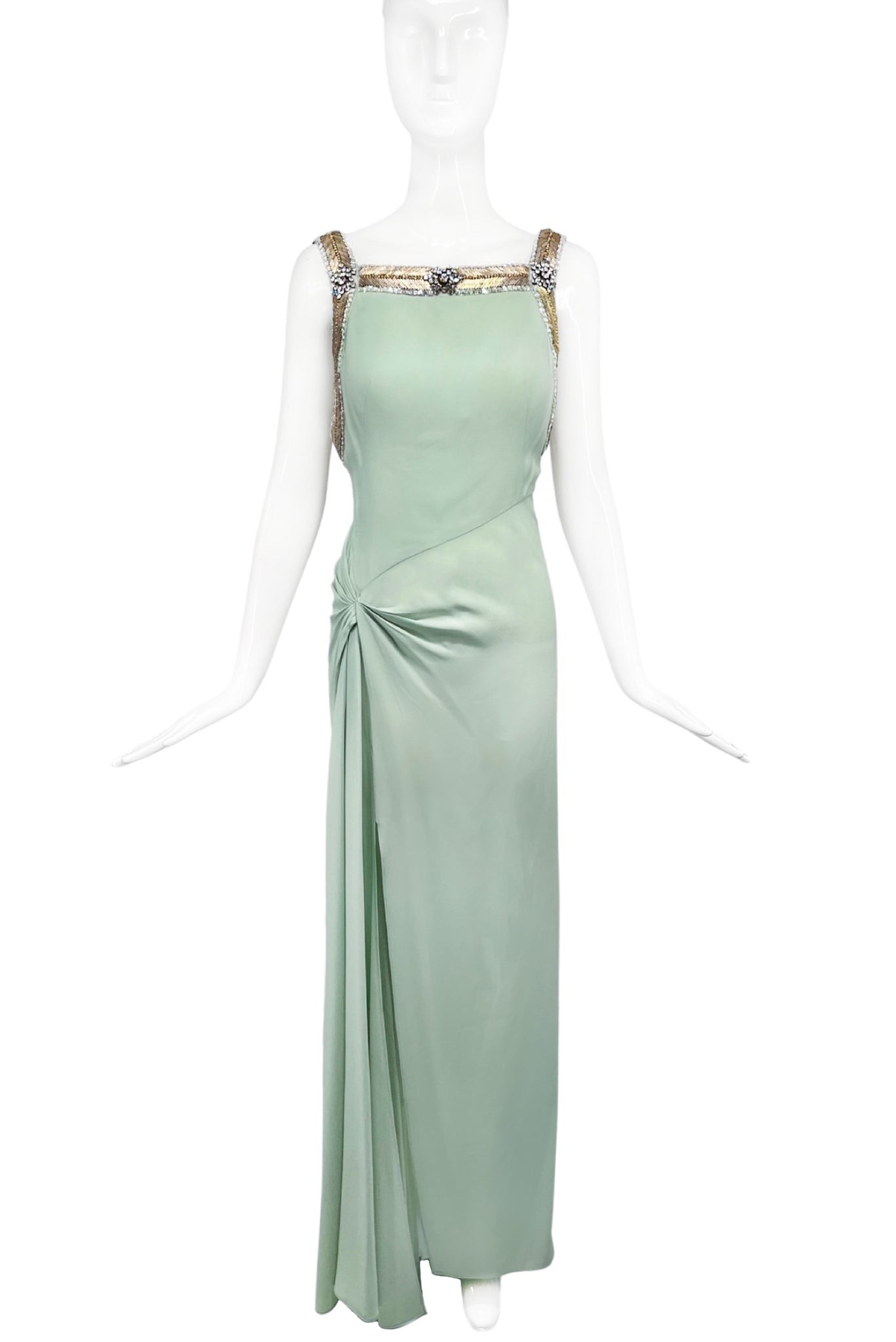 Roberto Cavalli Seafoam Green Mint Joan Crawford Gold Beaded Gown Dres PaumLosAngeles Roberto Cavalli Seafoam Green Mint Joan Crawford Gold Beaded Gown Dres PaumLosAngeles
