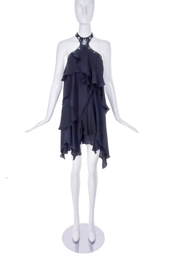 Roberto Cavalli Black Chiffon Sequin Halterneck Baby Doll Dress