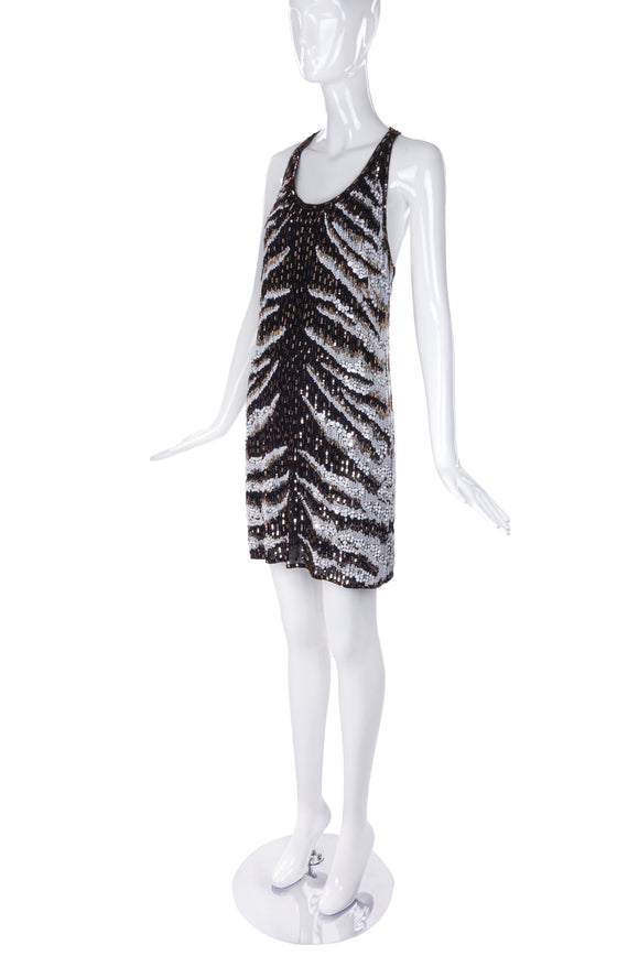 Roberto Cavalli Heavy Beaded and Sequin Zebra Pattern Mini Dress