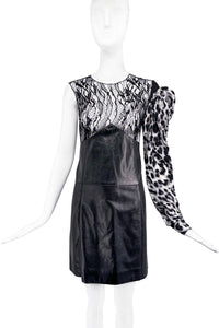 Saint Laurent Paris Lace and Leather Mini Dress with Leopard Print Blouson Sleeve SS2017