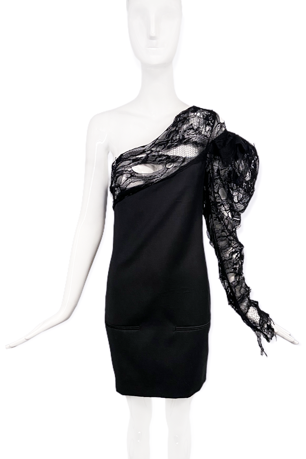 Saint Laurent by Anthony Vaccarello Black Lace One Shoulder Dress SS20   PaumLosAngeles