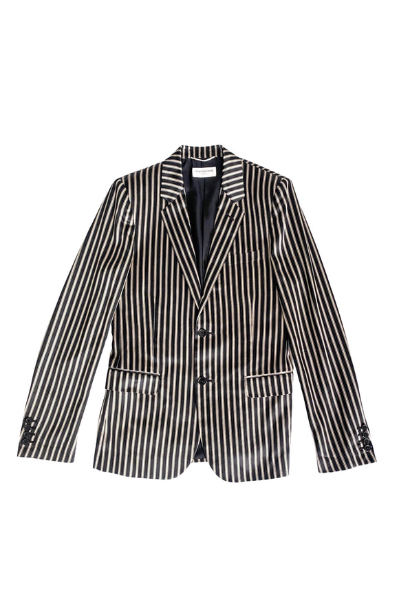 Saint Laurent Black Gold Satin Shiny Pinstriped Blazer Jacket*