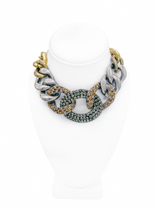 Saint Laurent YSL Gold Multicolor Textured Crystal Chain Link Necklace