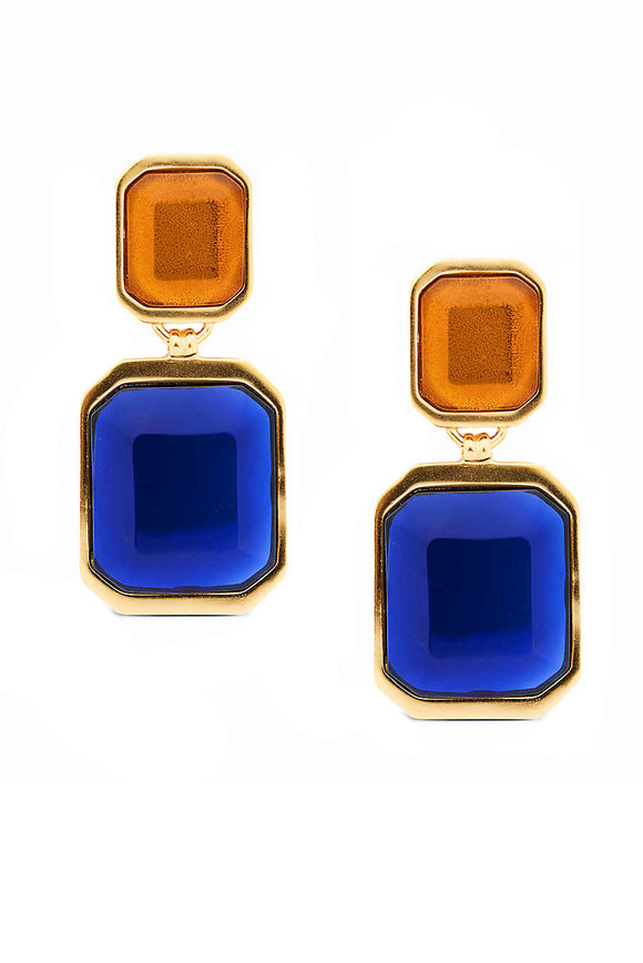 Saint Laurent Gold Blue Sapphire and Amber Orange Lucite Earrings Runway Spring 2022