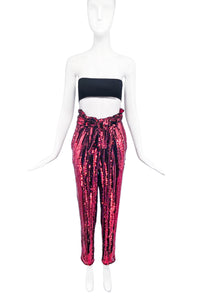 Sally Lapointe Red Striped Sequin High Waisted Belted Pants