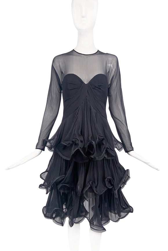 Scassi Black Floating Chiffon Cocktail Dress
