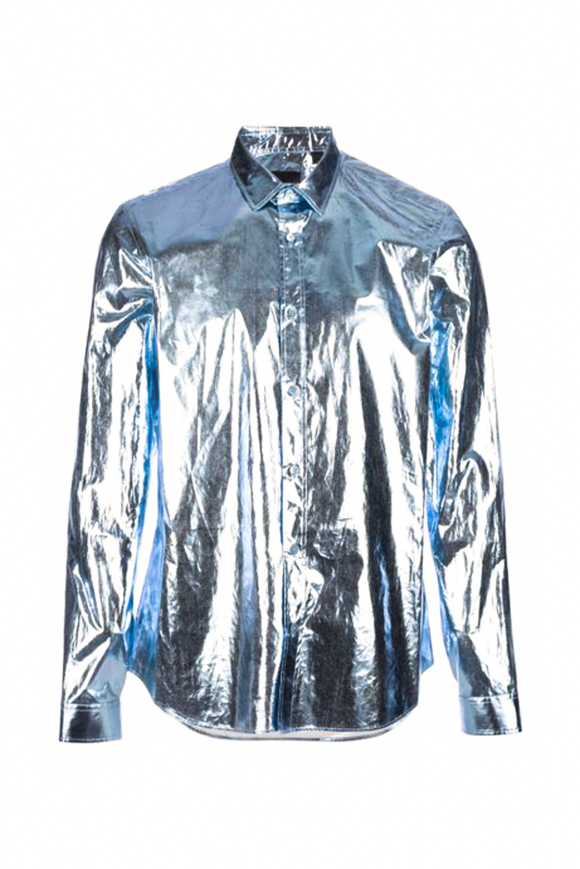 Burberry Silver Ice Blue Metallic Reflective Long Sleeve Shirt Spring 2013 Runway