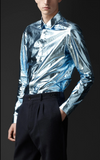 Burberry Silver Ice Blue Metallic Reflective Long Sleeve Shirt Spring 2013 Runway