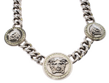 Versace Silver Triple Medusa Coin Chain Peridot Crystal Necklace Fall 2104 Campaign