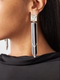 Saint Laurent Black Enamel Crystal Art Deco Extra Long Dangling Two Layered 4.5 Inch Earrings Resort 2022