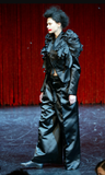 Comme des Garçons Black Satin Jacket with Dramatic Ruffle Pleat Details and Oversize Black Satin Pant Suit FW2004