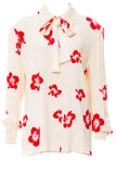Saint Laurent Cream Bow Blouse with a Sparkling Hibiscus "Hawaiian" Print
