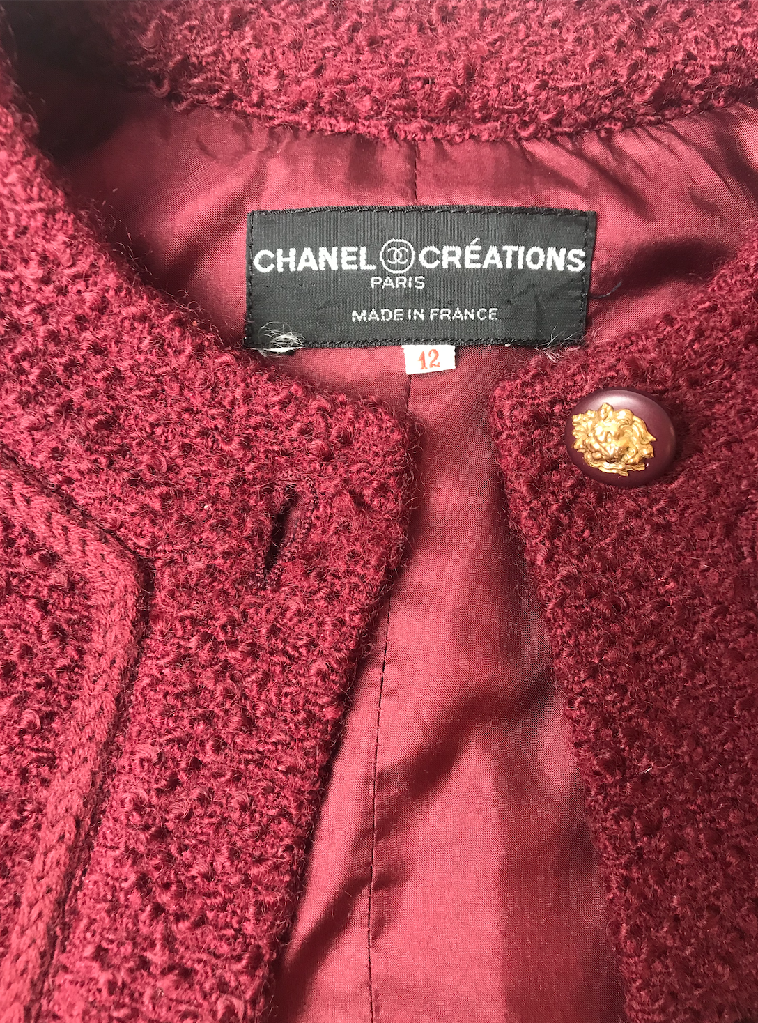 Chanel Burgundy Classic Tweed Jacket with Gold Lion Buttons