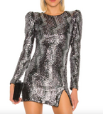 Michael Costello Silver Sequin Zig Zag Pattern Puff Sleeve Dress