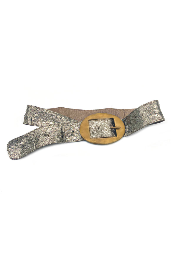Vintage Silver Bronze Metallic Snake Skin Belt with Big Bronze Buckle