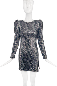 Michael Costello Silver Sequin Zig Zag Pattern Puff Sleeve Dress