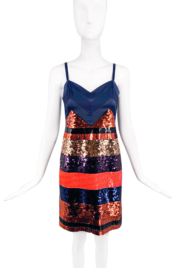 Sonia Rykiel Navy Blue and Orange Sequin Satin Slip Dress