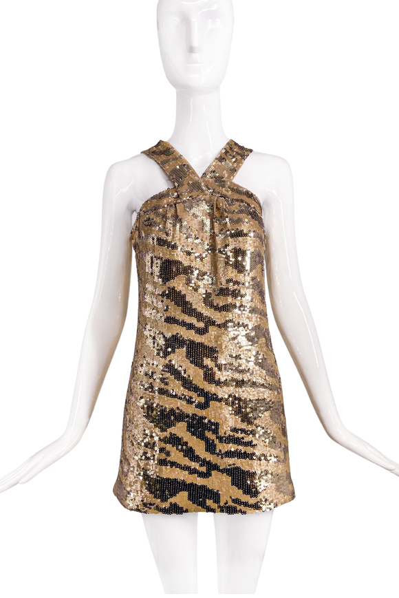Vintage Gold Brown Sequin Tiger Criss Cross Halter Neck Mini Dress Rachel Zoe