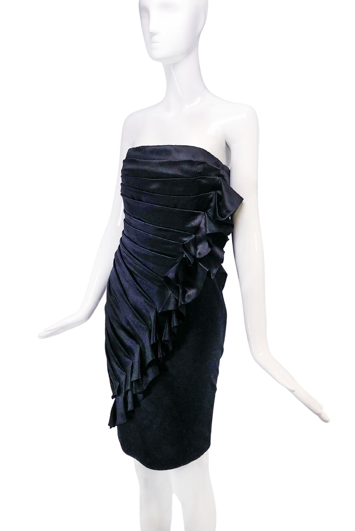 Emanuel Ungaro Black Textured Satin Ruffle Dress PaumLosAngeles Emanuel Ungaro Black Textured Satin Ruffle Dress PaumLosAngeles