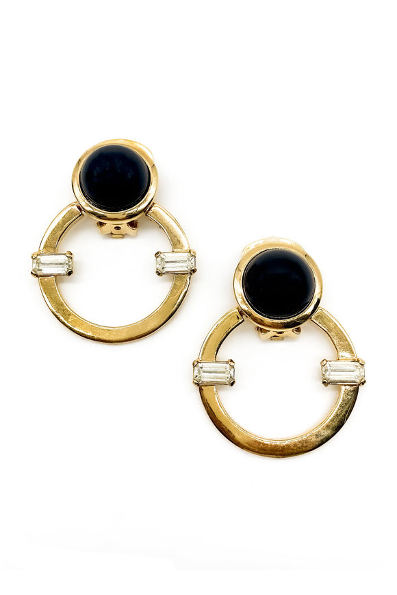 Valentino Hoop Gold Crystal Black Geometric Art Deco Vintage Earrings - BOUTIQUE PURCHASE PRICE