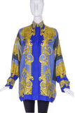 Versace Vintage Blue and Gold Baroque Medusa Print Silk Shirt