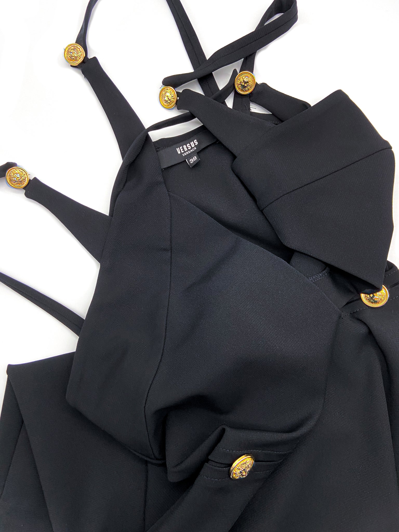 Versus Versace Black Criss Cross Straps Gold Medallion Dress PaumLosAngeles Versus Versace Black Criss Cross Straps Gold Medallion Dress PaumLosAngeles