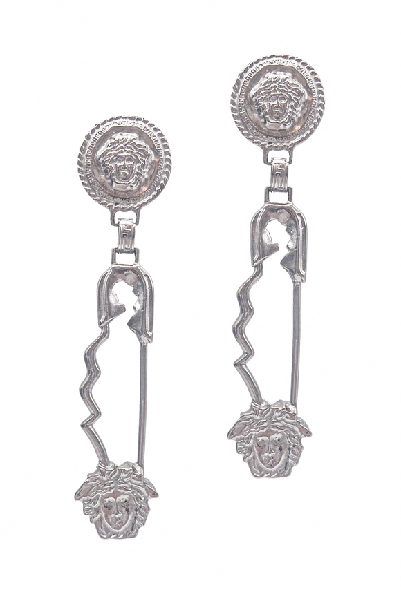 Versace Silver Metal Safety Pin Medusa Earring 90's