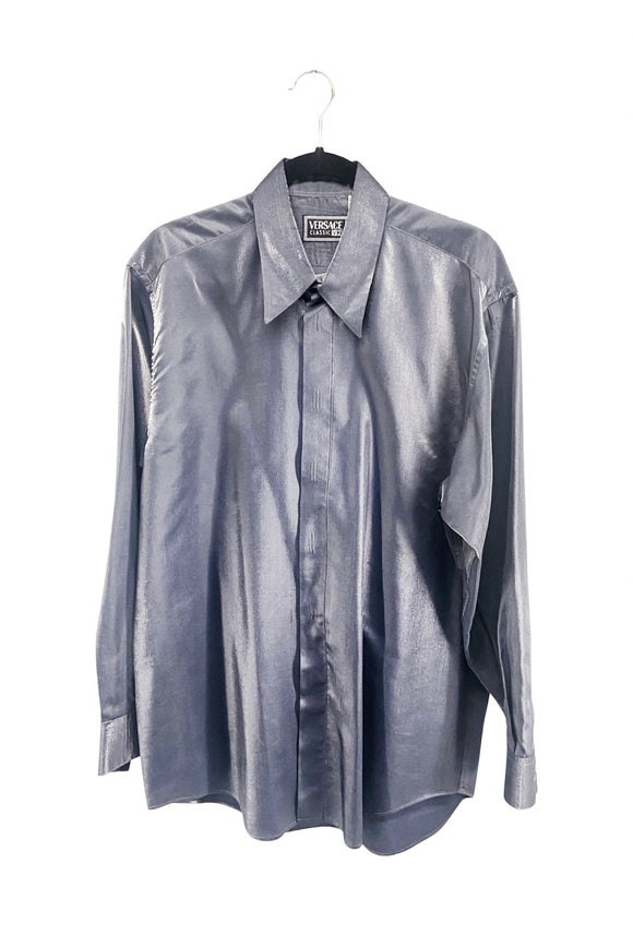 Versace Menswear Grey Silver Iridescent Button-Up Shirt
