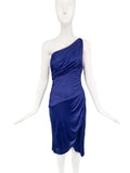 Versace Navy Midnight Blue Silk Jersey One Shoulder Asymmetric Cummerbund Waist Corset detail High Slit Dress
