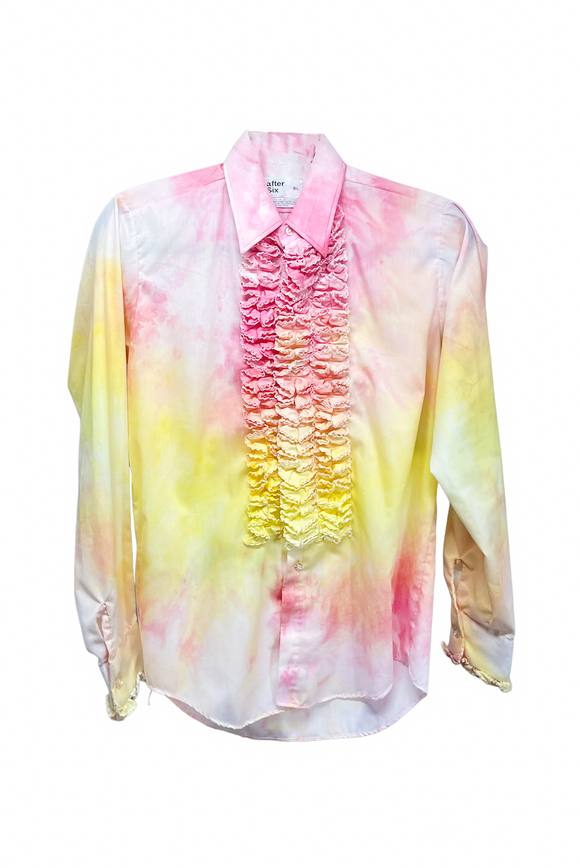 Vintage After Six Multicolor Tie-Dye Ruffle Tuxedo Button Down Shirt