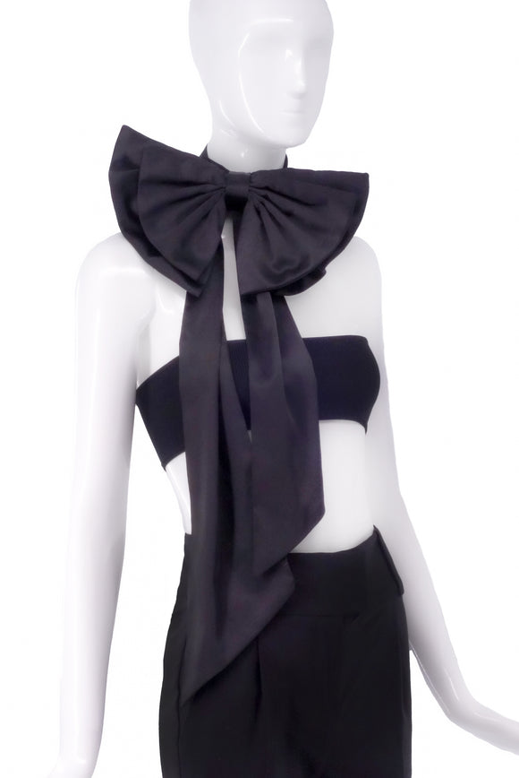 Vintage Black Satin Oversize Neck Bow Tie