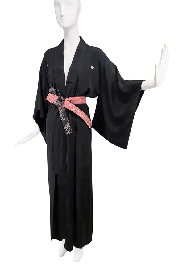 Vintage Black Silk Very Thin Long Kimono with Pink / Black Wrap Belt