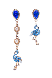 Vintage Blue Enamel and Crystal Asymmetrical Flamingo Earrings