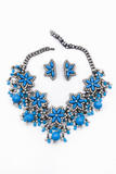 Vintage Turquoise Blue Resin, Crystal & Pearl Geometric Floral Statement Necklace with matching earrings