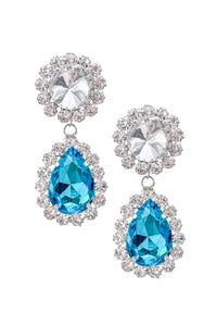 Vintage Silver Clear Crystal & Blue Aquamarine Tear Drop Earrings