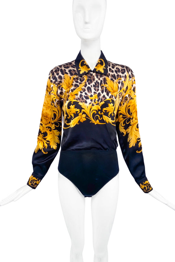 Versace Style Leopard and Gold Baroque Print Black Silk Escada Bodysuit