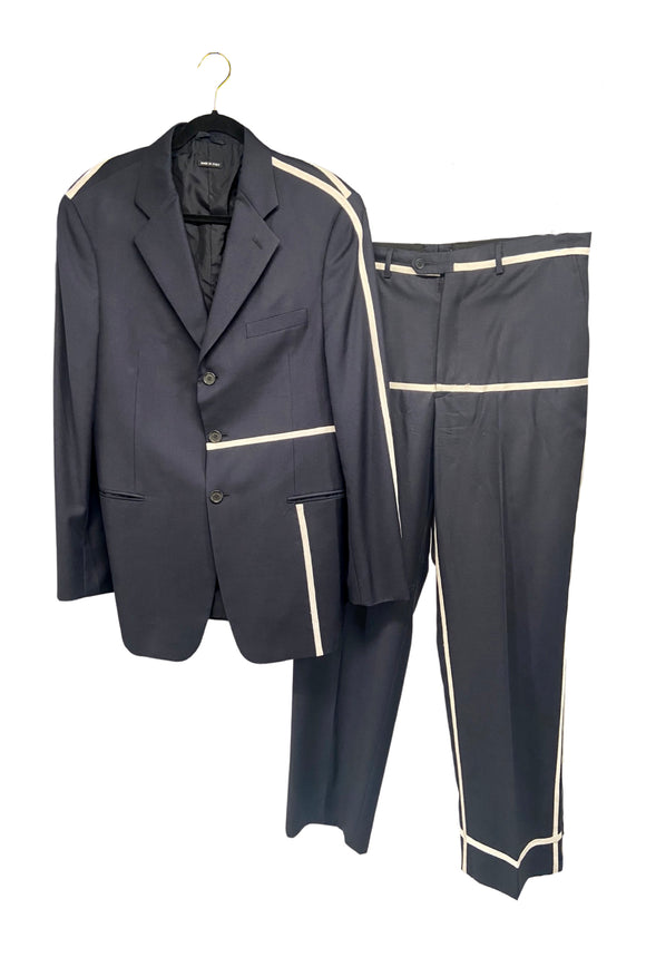 Vintage Giorgio Armani Black Suit with White Criss Cross Stripe Detailing