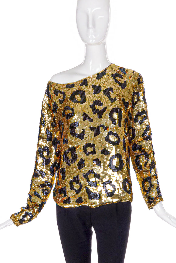 Vintage Gold Sequin Off-Shoulder Leopard Print Top