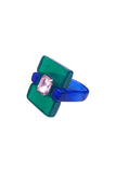 Vintage Green and Blue Lucite Geometric Ring with Pink Crystal Detail