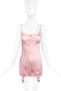 Vintage Pink Peach Silk Garter Teddy Body Suit