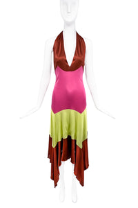 Missoni Pink Pink Lime Green Brown Striped Hankerchief Halterneck "13 going on 30" Silk Jersey Y2K Dress